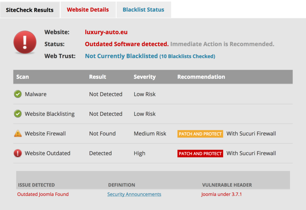 hacked site Sucuri scan - outdated Joomla